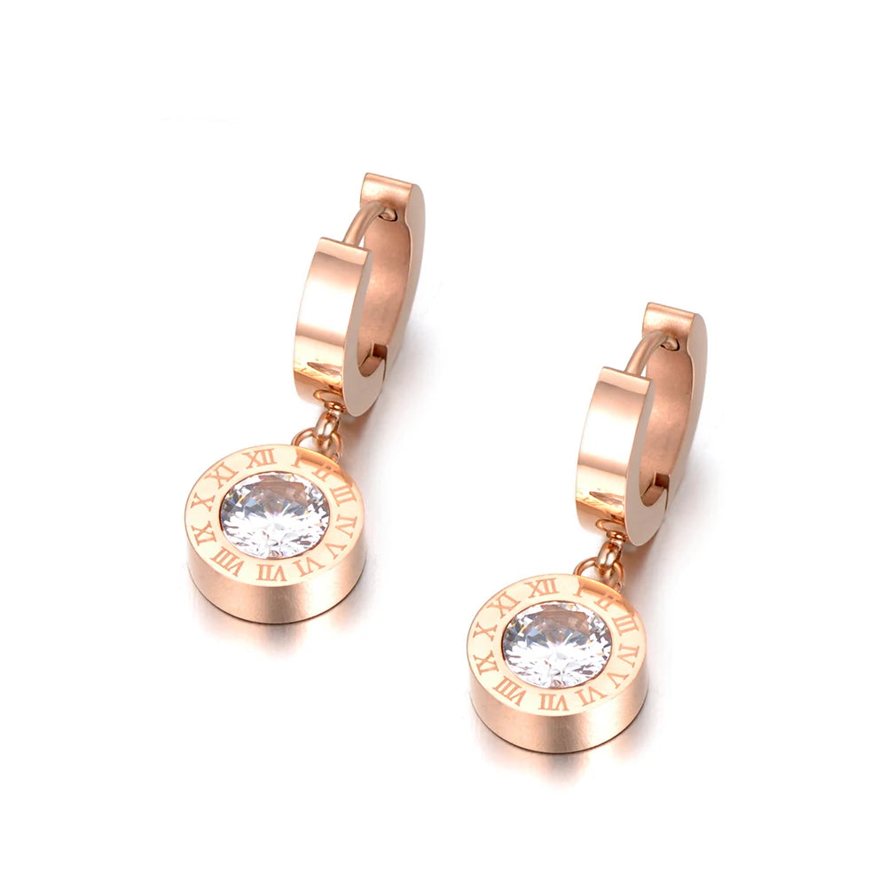 Round Circle Gemstone Roman Numerals Dangle Earrings