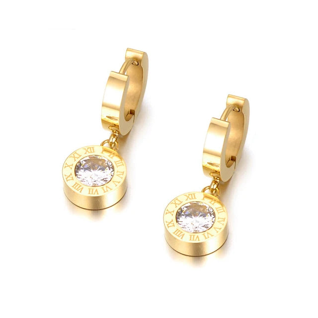 Round Circle Gemstone Roman Numerals Dangle Earrings