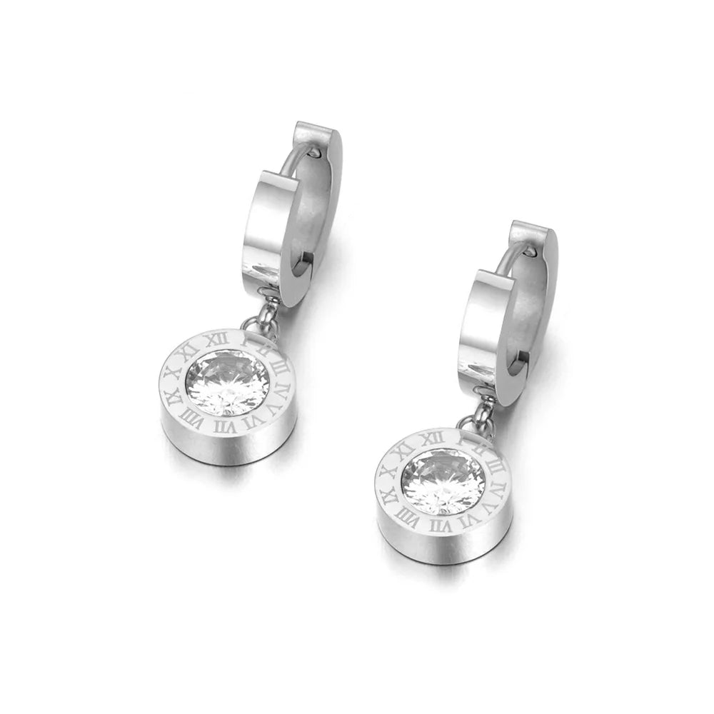 Round Circle Gemstone Roman Numerals Dangle Earrings