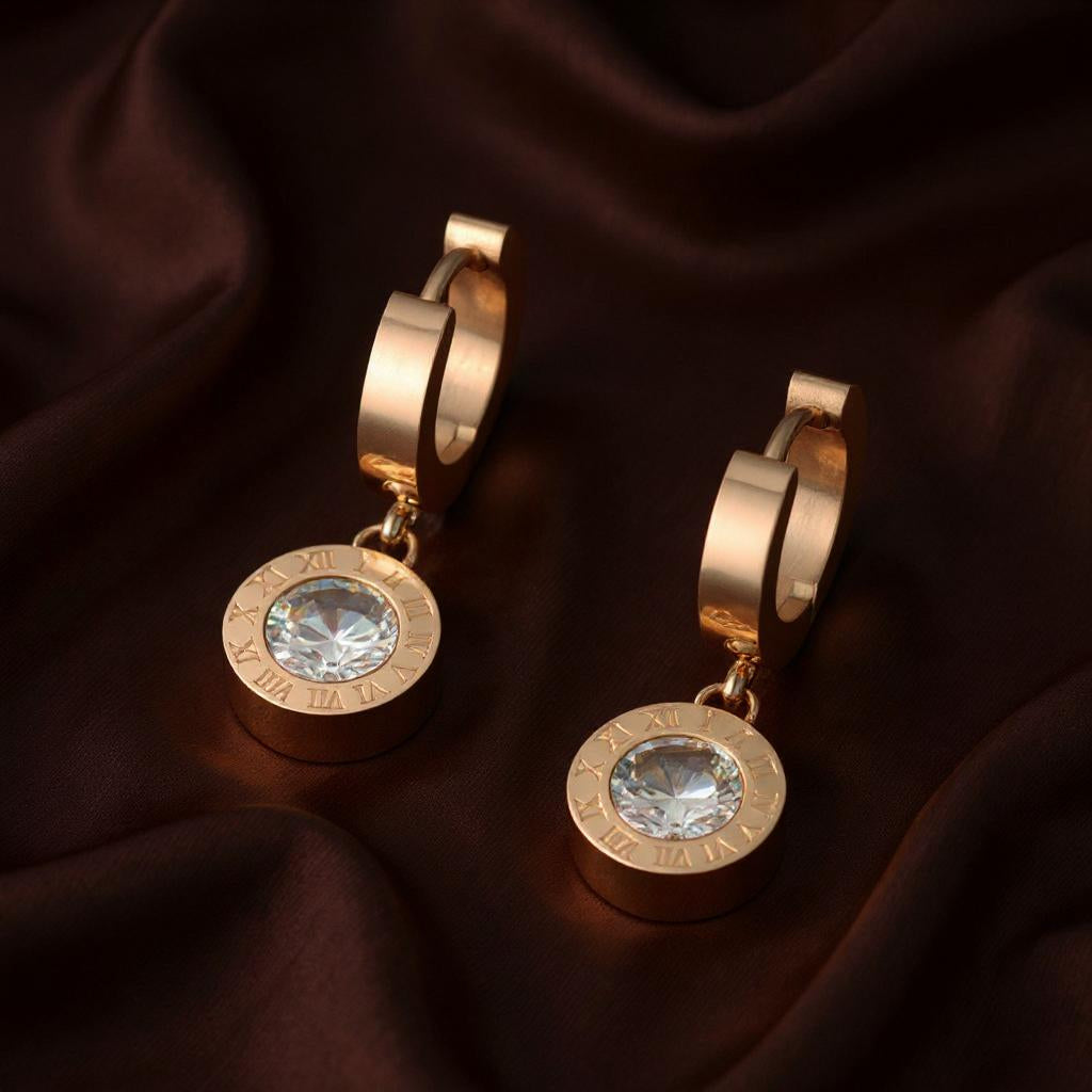 Round Circle Gemstone Roman Numerals Dangle Earrings