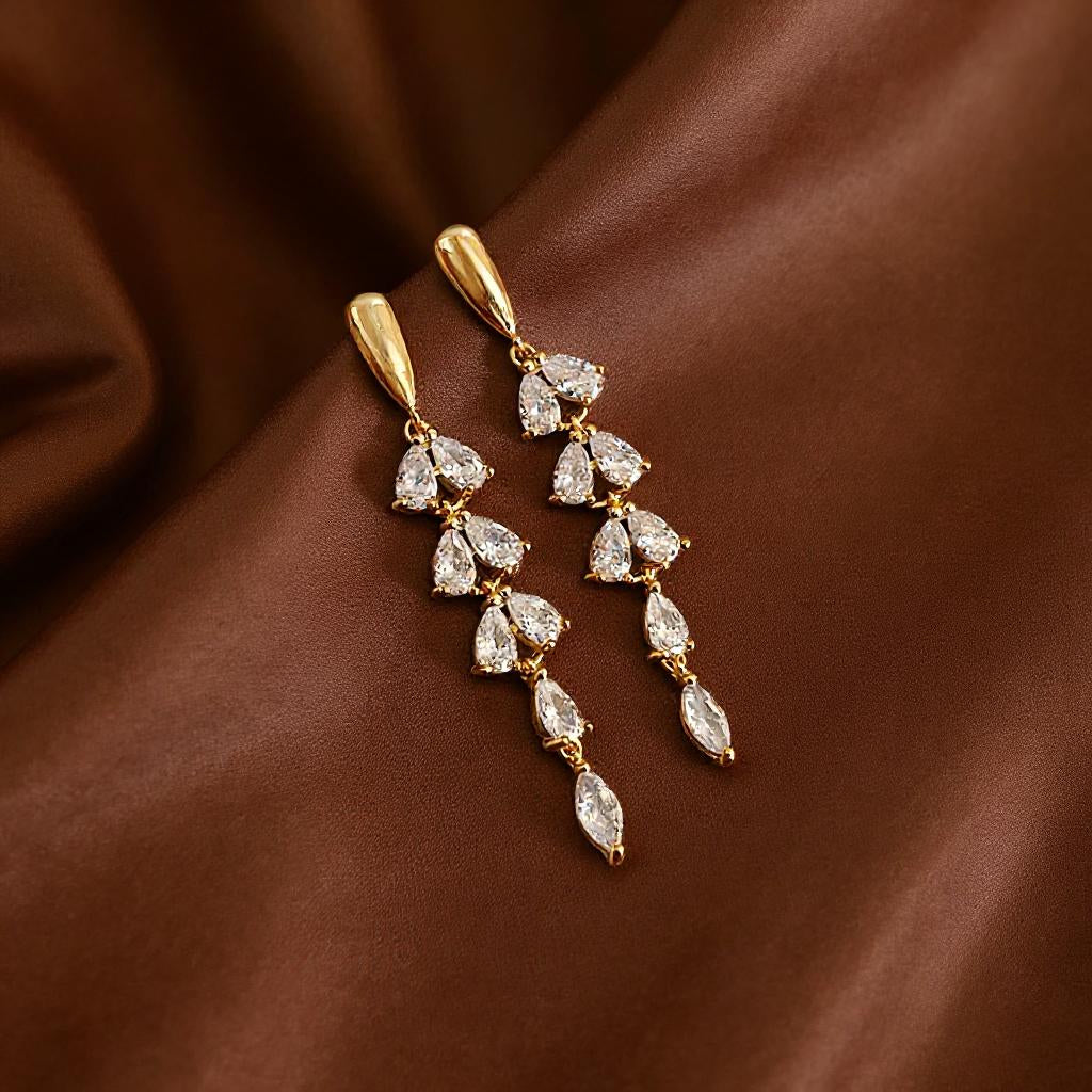 Leaf Drop Cascading Cubic Zirconia Gemstones Dangle Earrings