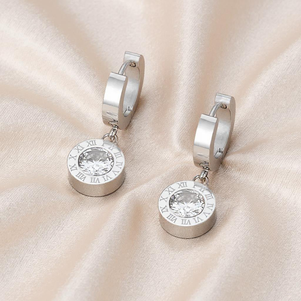 Round Circle Gemstone Roman Numerals Dangle Earrings