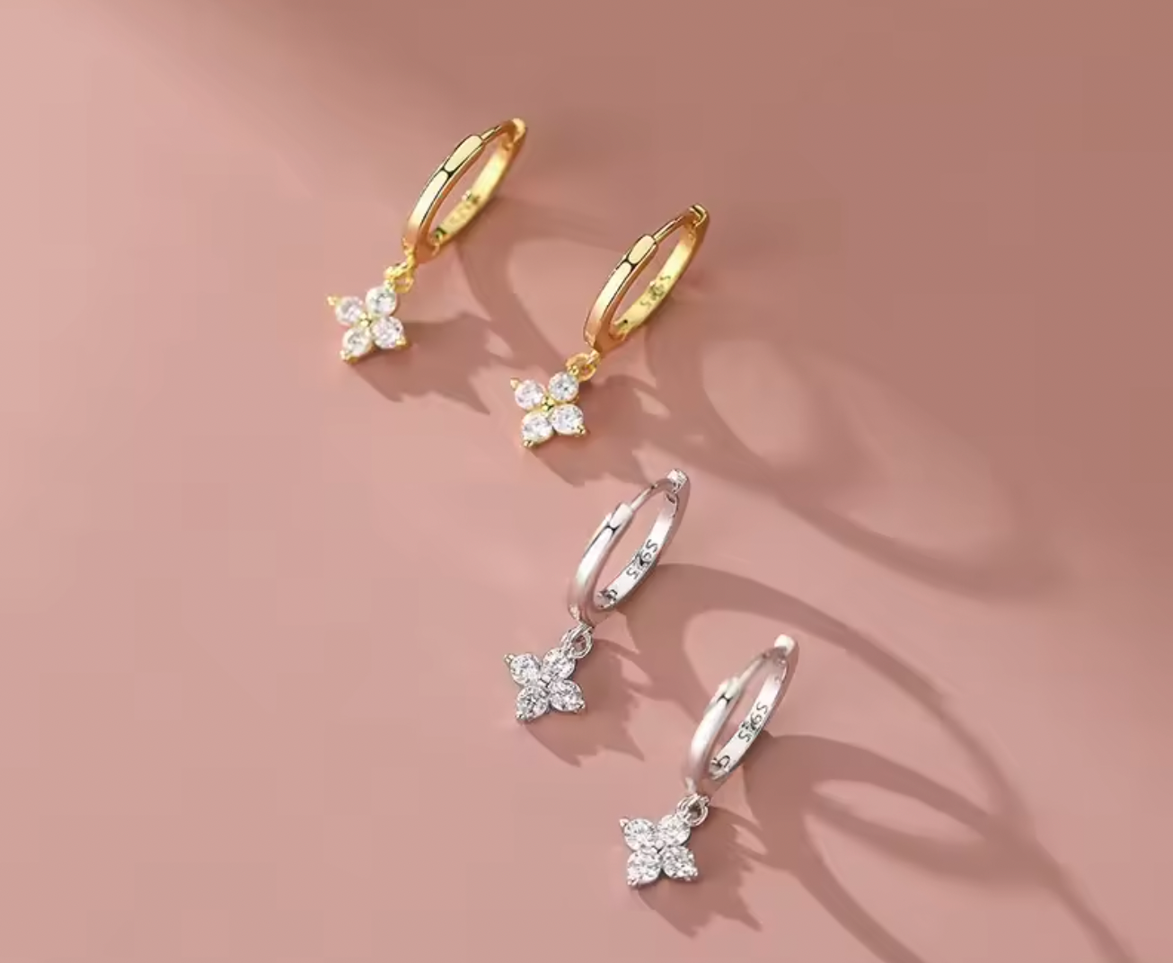 Flower Four Leaf Hoop Dangle Earrings