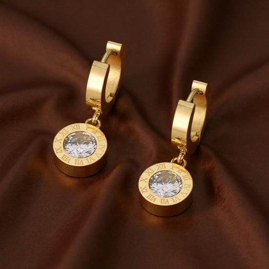 Round Circle Gemstone Roman Numerals Dangle Earrings