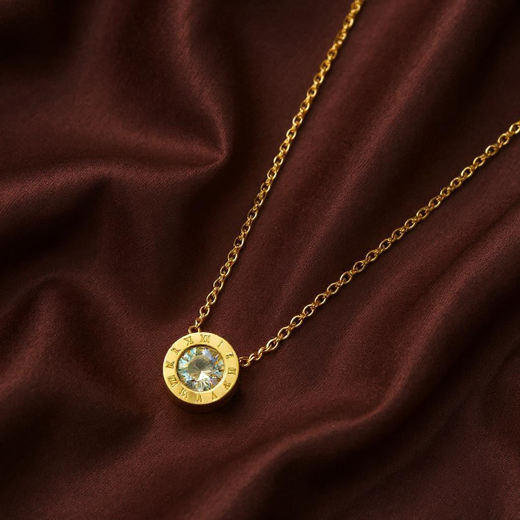 Round Circle Gemstone Roman Numerals Chain Necklace