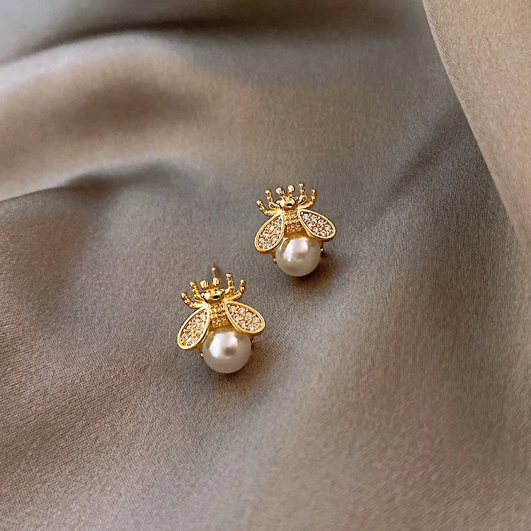 Embellished Bee with Pearl Stud Earrings