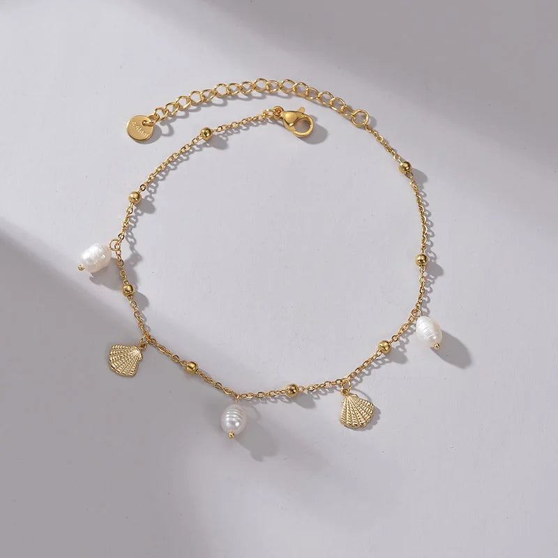 Pearls and Sea Shells Gold Chain Clasp Bracelet