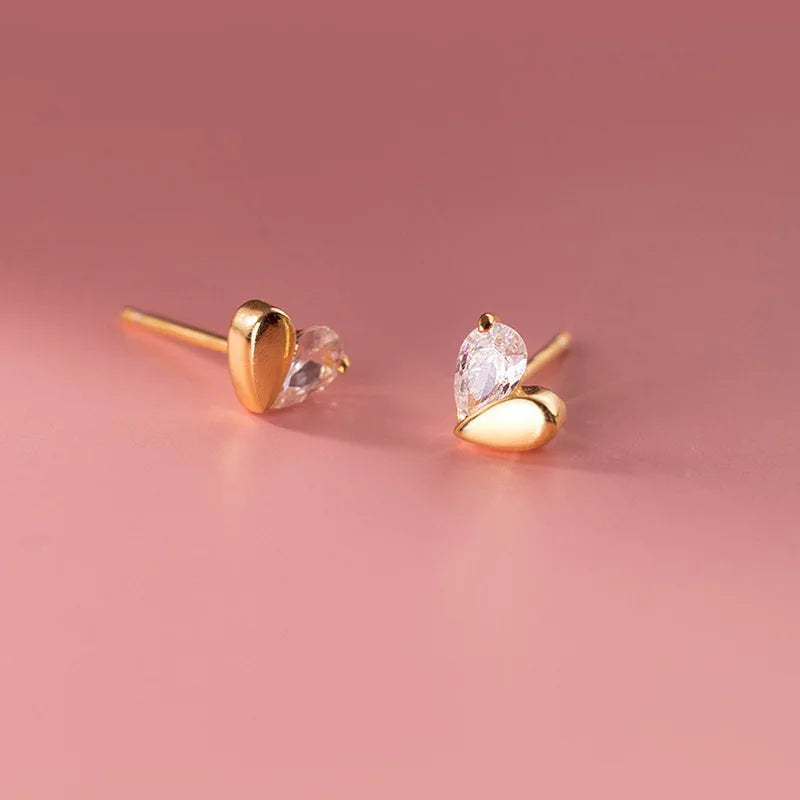 Mini Half Gold Half Gemstone Heart Shaped Minimalist Stud Earrings