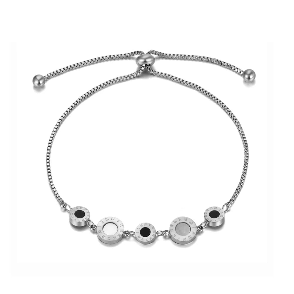 Black White Shell Acrylic Roman Numeral Circles Drawstring Adjustable Bracelet