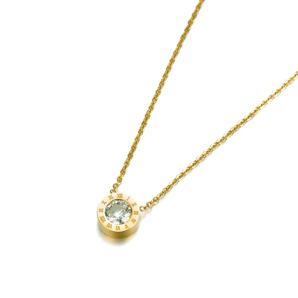 Round Circle Gemstone Roman Numerals Chain Necklace
