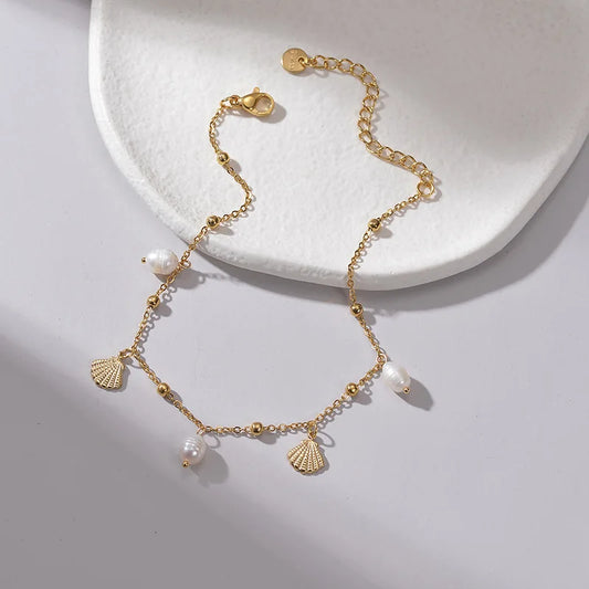 Pearls and Sea Shells Gold Chain Clasp Bracelet