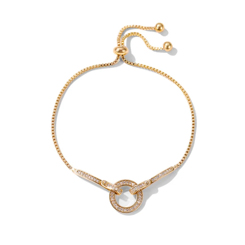 Gold Circular Interlock Cubic Zirconia Drawstring Adjustable Chain Bracelet