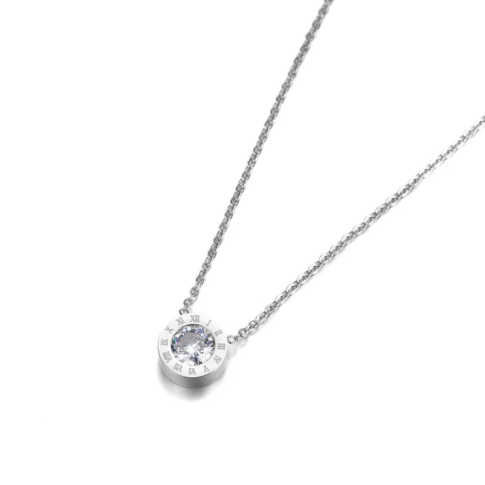 Round Circle Gemstone Roman Numerals Chain Necklace
