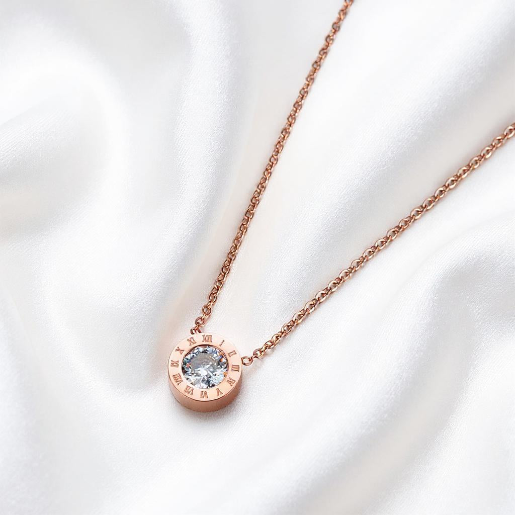 Round Circle Gemstone Roman Numerals Chain Necklace
